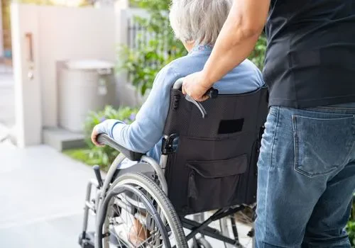 The back profile of an elderly lady with limited mobility being pushed in a wheelchair