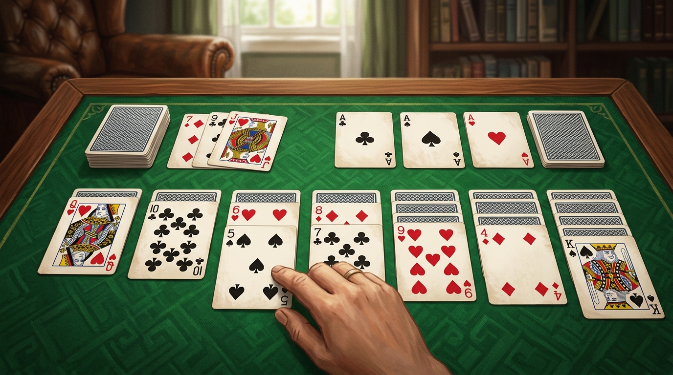 Classic Klondike Solitaire card deal with green felt casino background